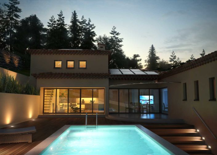 Fotorealistische Visualisierung Aussenansicht Villa mit Pool